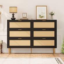 Rattan 6 Drawer Dresser For Bedroom, Modern Chest Of Drawers With Gold Legs And Gold Handles, Wide Double Dresser With Large Tabletop And Anti-Tipping Design For Bedroom Living Room - 黑色 - 查看 5
