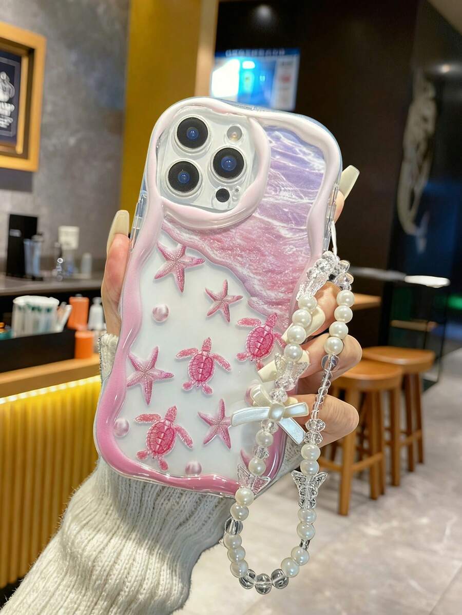 奶油色波浪边亮面海星海龟彩绘防摔手机壳，附赠串珠手链配件，兼容 17 Pro/17 Air/17/17 Pro Max/16/11/16 Pro/16 Plus、Galaxy S25/S25 Plus/S25 Ultra/A16/A36/A26/A56/A50/A12/A32/A52、11/12 Pro/12/12 X/13 Pro/14 Pro/15 Pro、10/9/Note9/12c/Note11 Pro/Note8 Pro