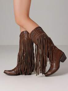 Women's Fringe Cowboy Boots Pointed Toe Chunky Heel Pull On Western Wide Calf Shoes Embroidered Tassal Cowgirl Boot With Riveted Design For Halloween Christmas - Brown - View 6