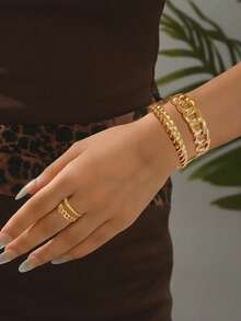 2 件复古金属几何夸张线条缠绕手链和可调节戒指套装，女士百搭配饰 - 金色 - 查看 8