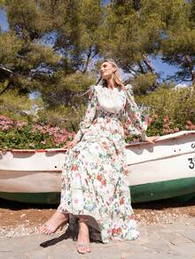 Faeriesty فستان ماكسي من الشيفون للنساء بطبعة زهرية، يتميز بطبعة زهرية نابضة بالحياة، أكمام طويلة مع أساور دانتيل رقيقة، تصميم ياقة على شكل حرف V، خصر مربوط، حافة مكشكشة، مناسب لحفلات الحدائق وحفلات الزفاف على الشاطئ والغداء في الهواء الطلق والسهرات الرومانسية، عيد الحب، ضروريات العطلة - أخضر - مشاهدة 5