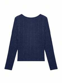 Camiseta corta de manga larga acanalada de ajuste ceñido, estilo minimalista y casual para primavera - Azul Marino - Ver 2