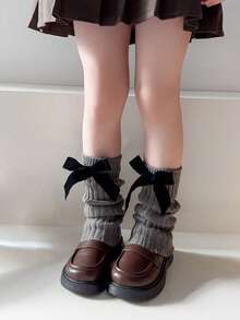 1双儿童纯红色蝴蝶结针织腿套，秋冬季保暖舒适，适合女孩穿着 - 灰色 - 查看 2