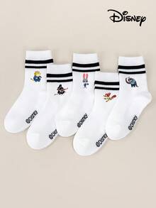Disney 1/5 双动漫联名款，朱迪、尼克、闪电侠、博戈警长、贝尔韦瑟副市长儿童中筒袜套装，白色双条纹袜，白色袜子，儿童短袜，男童女童，周袜，酷炫卡通图案