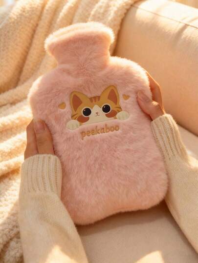 1 pieza Botella de agua caliente de peluche linda, se puede usar para calentar el estómago y las manos, adecuada para estudiantes mujeres, bolsa de compresión cálida para otoño/invierno y Navidad, viene con funda de piel sintética, portátil y compacta para llevar