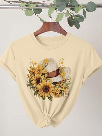 女士优雅向日葵印花T恤，舒适休闲百搭上衣，时尚春夏服饰，适合休闲外出和日常穿着