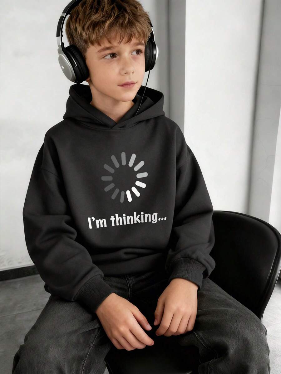 1pc Tween Boy Casual Printed Pullover Sweatshirt, Thermal Lined, Long Sleeve, Autumn/Winter - Dark Grey - View 1