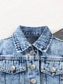 1 Set ' Fashionable Washed Blue Denim Jacket With Collar & Mini Skirt, With Cargo Pockets, Versatile Baby Girl Casual Outfit, Girls Indoor/Outdoor Street Wear Denim Set, Suitable For Daily Wear - Light Wash - View 3