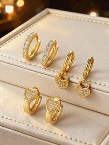Conjunto de 6 brincos em formato de coração cravejados de strass, com argolas clássicas e redondas. Acessório de joalheria de luxo para mulheres, ideal para uso diário, presente para o Dia dos Namorados, para mães e outras ocasiões especiais. - Ouro amarelo - Ver 2