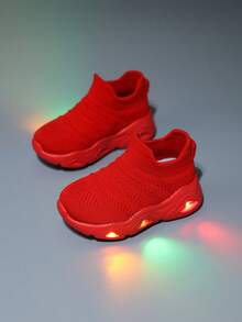 1双婴儿透气条纹布面运动鞋，带LED灯鞋底，套脚式学步鞋，户外休闲鞋 - 紅色 - 查看 2
