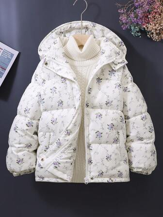 女童印花连帽保暖羽绒服