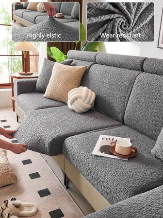 1pc Stretch Sofa Cover, Non-Slip Full Coverage Sofa Seat Cover, Suitable For All Seasons, Fabric Thickened Sofa Slipcover, Machine Washable, Dust-Proof, Pet-Friendly, Protects Sofa, Fits For Bedroom, Office, Living Room Combination And L-Shaped Sofa, Fashionable Dark Gray Decor