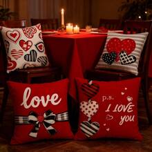 Fundas de almohada para San Valentín con estampado de corazones, lazos y rayas para sofá, cama y sofá. - Burdeos - Ver 2