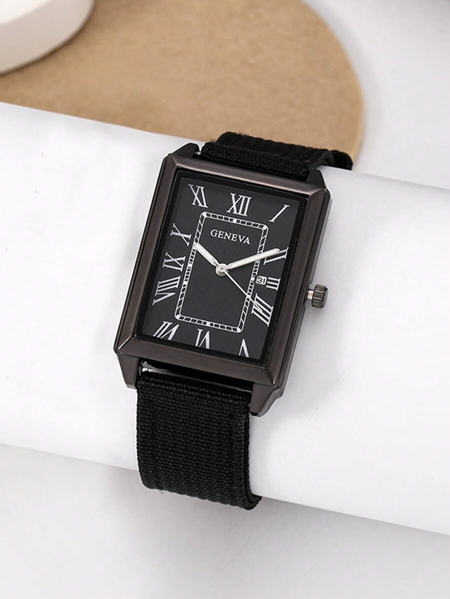1 Đồng hồ nam thạch anh mặt vuông dây nylon, thời trang nam, đa năng, đeo hàng ngày, số La Mã - màu đen - Xem 1