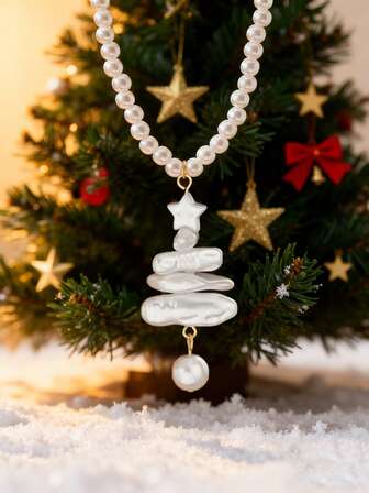 1pc Bohemian Style Dopamine Resin Beaded Christmas Tree Pendant Necklace, Geometric Hollow Beaded Necklace, Sweet Summer Vacation Accessory