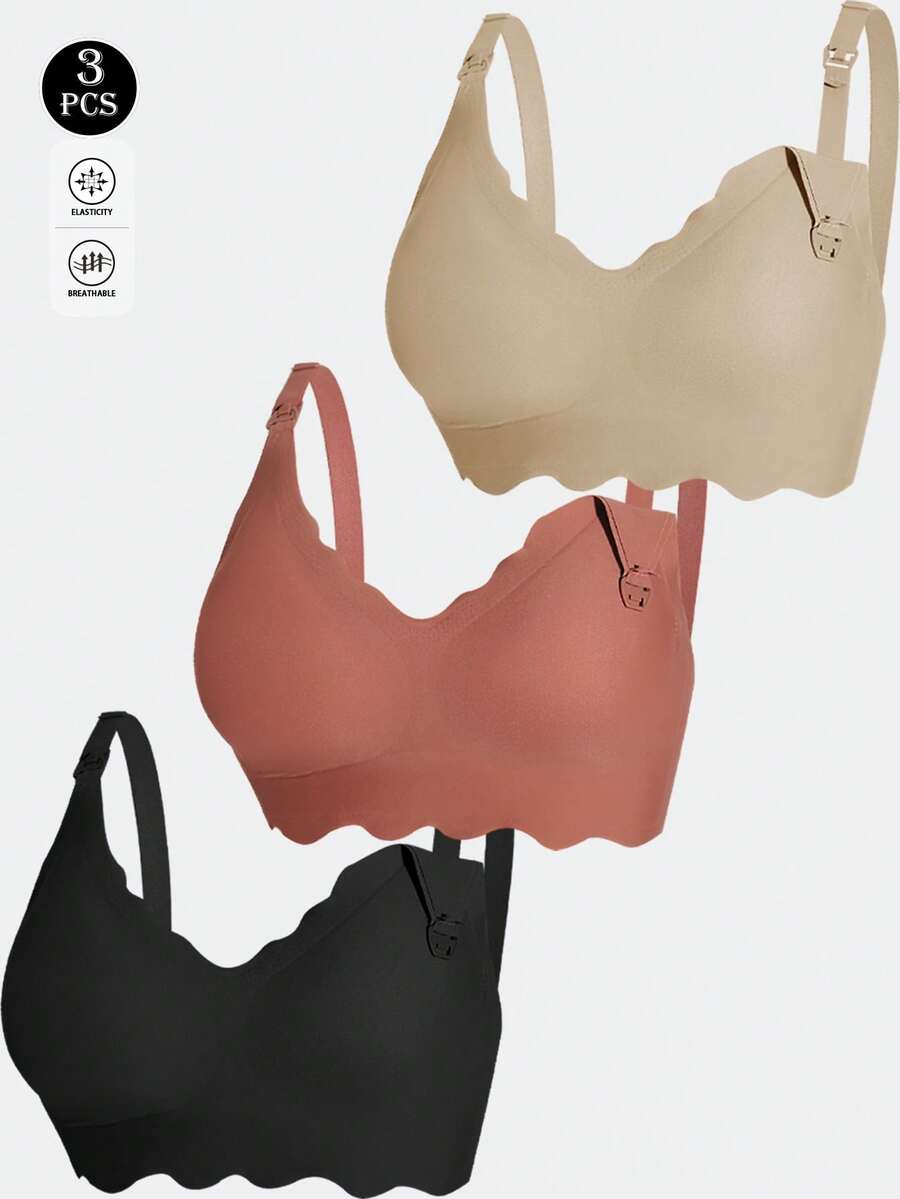 3pcs Maternity & Nursing Bras, Seamless V-Shaped Front Hook Closure Bra For Breastfeeding, Comfortable & Supportive For All Seasons - Multicolor - View 1