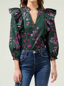 Womens Shirts Puff Long Sleeve V Neck Floral Print Casual Loose Fit Autumn Blouse - 墨綠色 - 查看 3