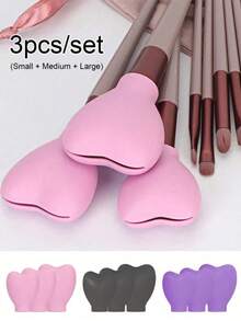 3 Pcs/Set Of Heart-Shaped Silicone Makeup Brush Protective Cover, Dustproof Storage And Protective Cover, Makeup Brush Protective Cover, Makeup Brush Dust Cover, Suitable For Travel, Vacation, Makeup Table, Dormitory, Very Suitable For Women And Gifts For Friends - Multicolor - View 1