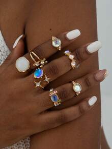 6pcs/7pcs Set Minimalist Chic Alloy Geometric Hollow Heart Radiant Star Faux Gemstone Creative Niche Design Jewelry Rings Set, Perfect Gift For Women To Wear Anytime, Any Occasion