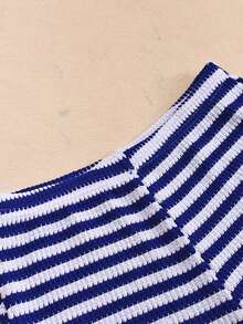 Women 2 Piece Striped Outfit Off Shoulder Cropped Tube Tops And Mini Shorts Set For Daily Party Club - Azul - Ver 7