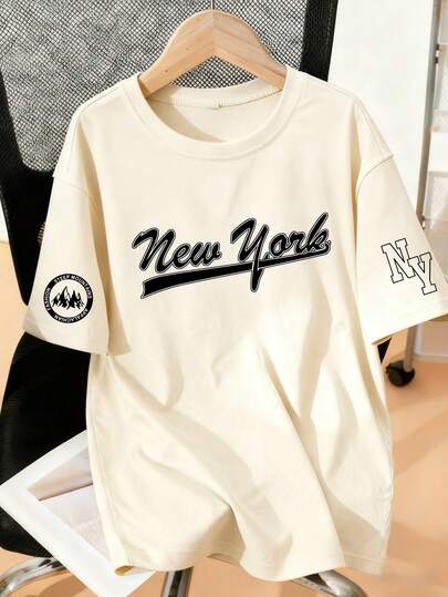 1 pieza Camiseta de manga corta con estampado para niño preadolescente, ropa de estudiante joven, top de verano para niños