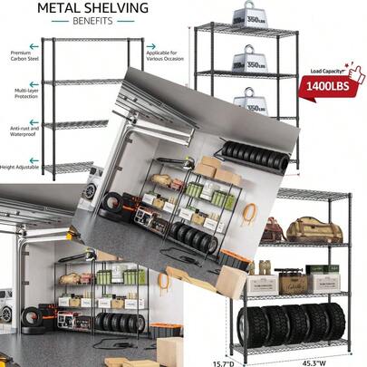 IZEUK Garage Sheing Unit Industrial Storage Rack 4 Tier Adjustable Storage Shees Organizer 1400 LBS Heavy Duty Metal Shelf Wire Rack For Kitchen Office College Dorm Warehouse 15.8" X 45.8"X 59.4"