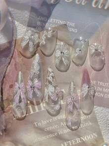 1pc 5D Shell Light Nail Stickers Luxurious Sparkling Pink And White Bow Adhesive Nail Stickers Cute Nail Component Stickers - Multicolor - View 5