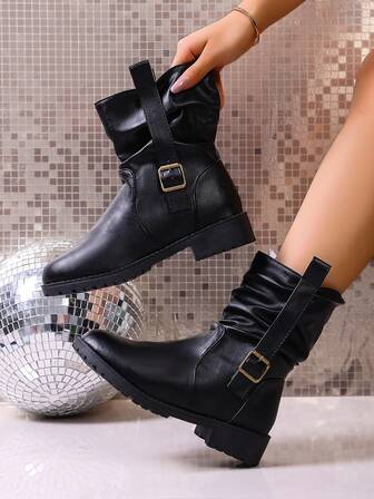 Western Style Buckle Holiday Round Toe Pleated Stacked Heel Boots, Vintage Retro British Style Fashion Versatile Chunky Heel Boots For Women, Autumn/Winter