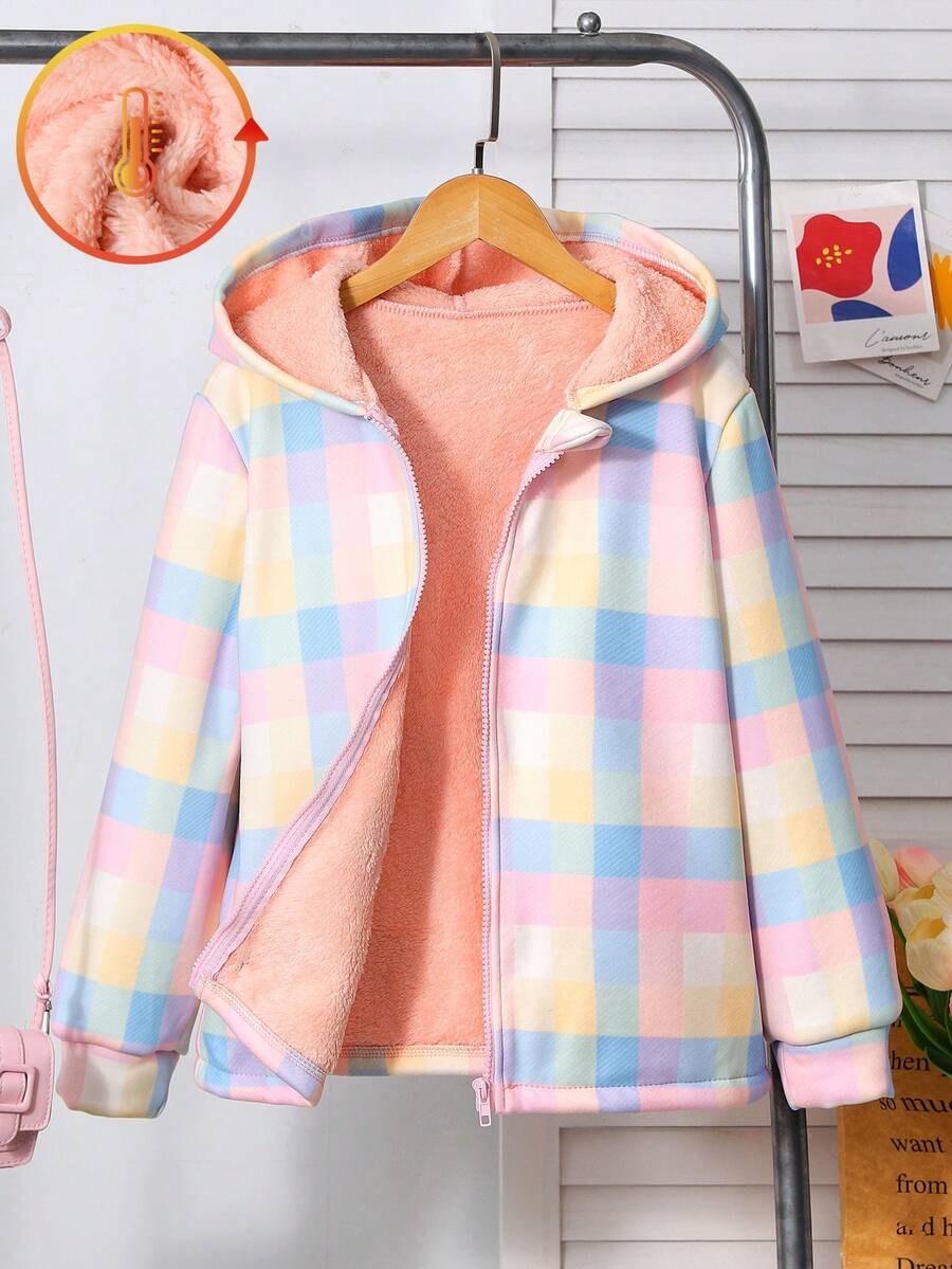 Tween Girl Plaid Thermal Lined Hooded Zip-Up Casual Jacket, Tween Kid - Pink - View 1