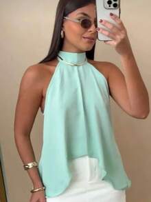Women's Blouse With High Neck And Asymmetrical Neck Tie - Green - View 1