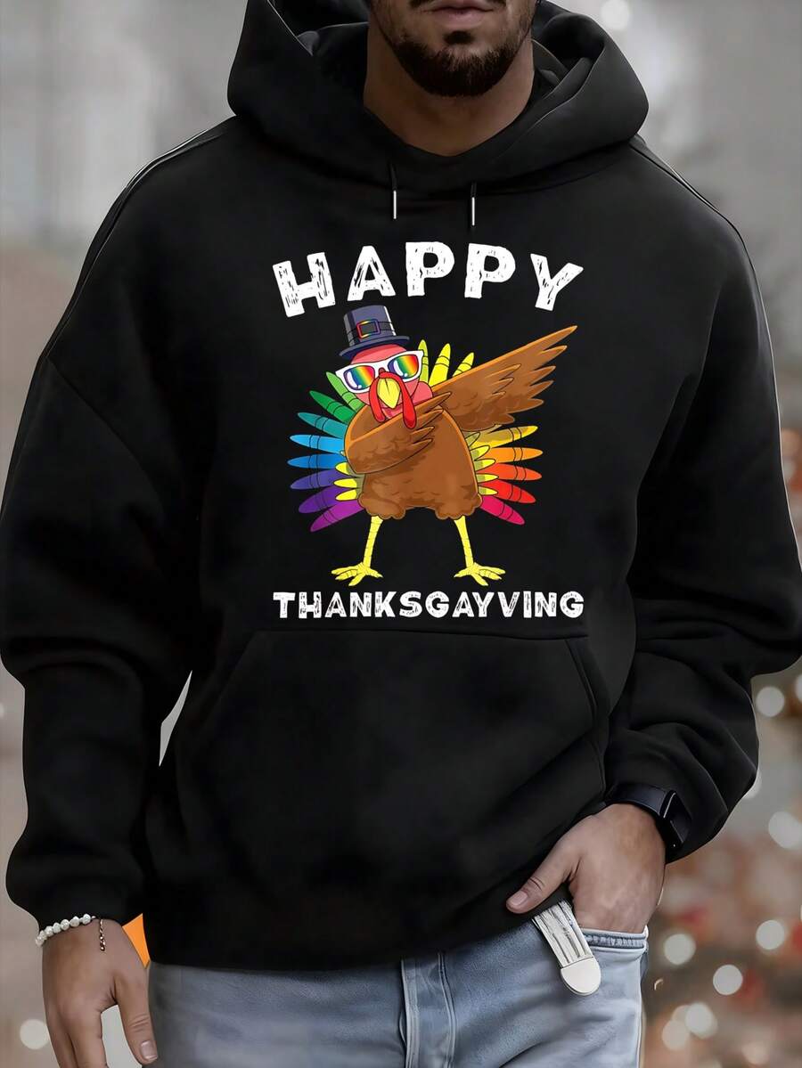 Men's Happy Thanksgiving Hoodie With Rainbow Feather Turkey And Hat Print. Casual Autumn And Winter Clothing For Leisure And Sports. Fashionable Gift. Best Choice For Holiday Gifts. - 黑色 - 查看 1