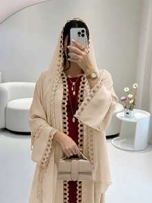 Abayas For Women,Open Abaya Set With Lace Trim, Sleeveless Inner Dress & Chiffon Headscarf - Lightweight, Modest & Breathable For Spring/Summer - 杏色 - 查看 3