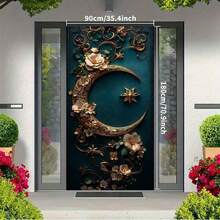 2Dflat, Polyester Ramadan Door Banner 1pc Exquisite Golden Crescent Moon Adorned With Flowers On A Teal Background Eid Al-Fitr Photo Props And Supplies, Suitable For Muslim Ramadan And Eid Al-Adha Celebrations, Islamic-Themed Holiday Decorations - 1pcs - View 4