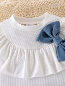 2pcs/Set Girls Ribbed Bow Decor Top And Corduroy Pleated Skirt Suit, Stylish School Look, Spring/Autumn - Blue - View 4