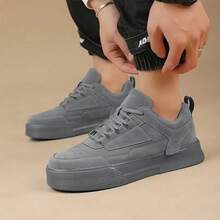 (Runs Small) Men's Solid Gray Front Lace-Up Skateboard Shoes, Minimalist Style With Contrast Stitching Details, Round Toe Low-Top Sneakers