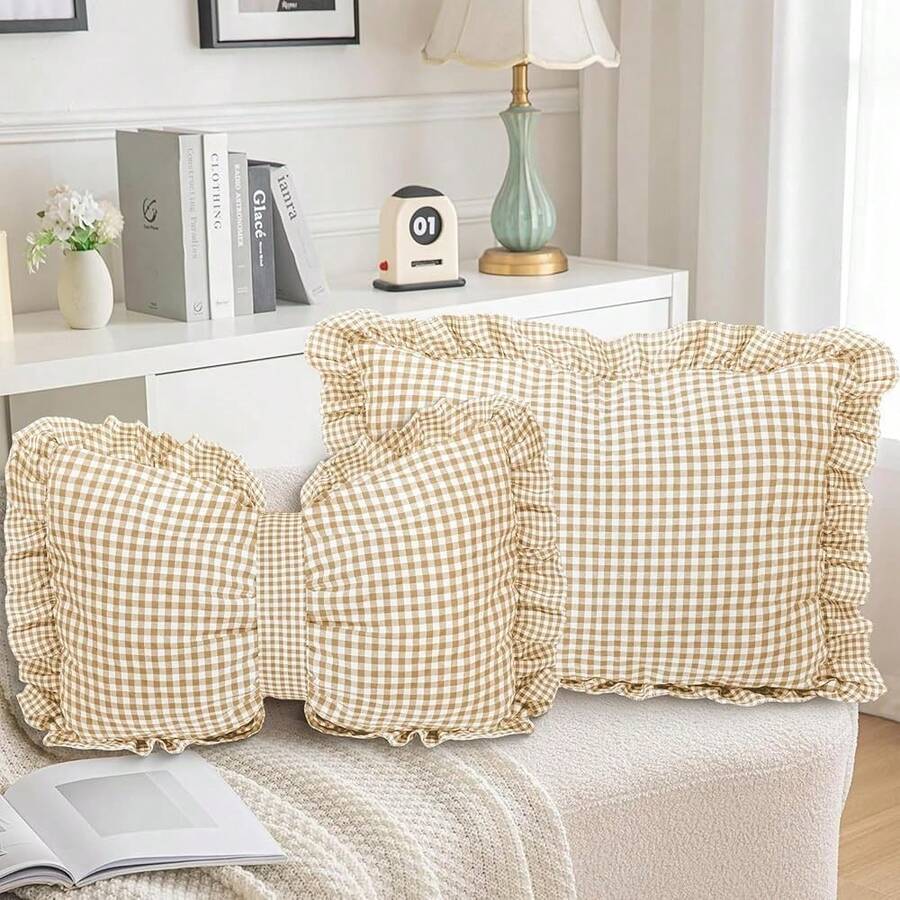 Euro Sham Pillow Covers - 2PCS European Plaid Ruffle Throw Pillow Sham For Sofa Couch, Brown Bow Tie Gingham Buffalo Check Cushion Cover Decoration For Bed Bedroom Living Room Car (26'' X 20\),26inchx20inch(Packof2),Brown - 棕色 - 查看 1
