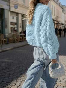 Women's Casual Commuter Ribbed Loose Knit Long Sleeve Regular Fit Cropped Cardigan, Back To School Season - Blue - View 4