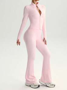 FWH Quần legging ống loe cạp cao phối cùng áo khoác cổ cao có lỗ xỏ ngón cái thoải mái, bộ đồ nỉ ấm áp phù hợp cho cả đi chơi và tập gym, áo khoác cổ cao có lỗ xỏ ngón cái và quần ống loe cạp cao, bộ đồ 2 mảnh giữ ấm cho nữ. - Hồng - Xem 4