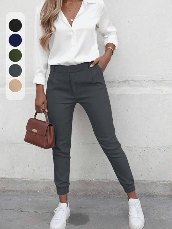 Fall/Winter,Plus Size Elegant High-Waist Slim-Fit Pants For Women - Solid Color Black, Polyester, Machine Washable With Slant Pockets & Button Detail, Perfect For Work & Casual Wea & Commuting