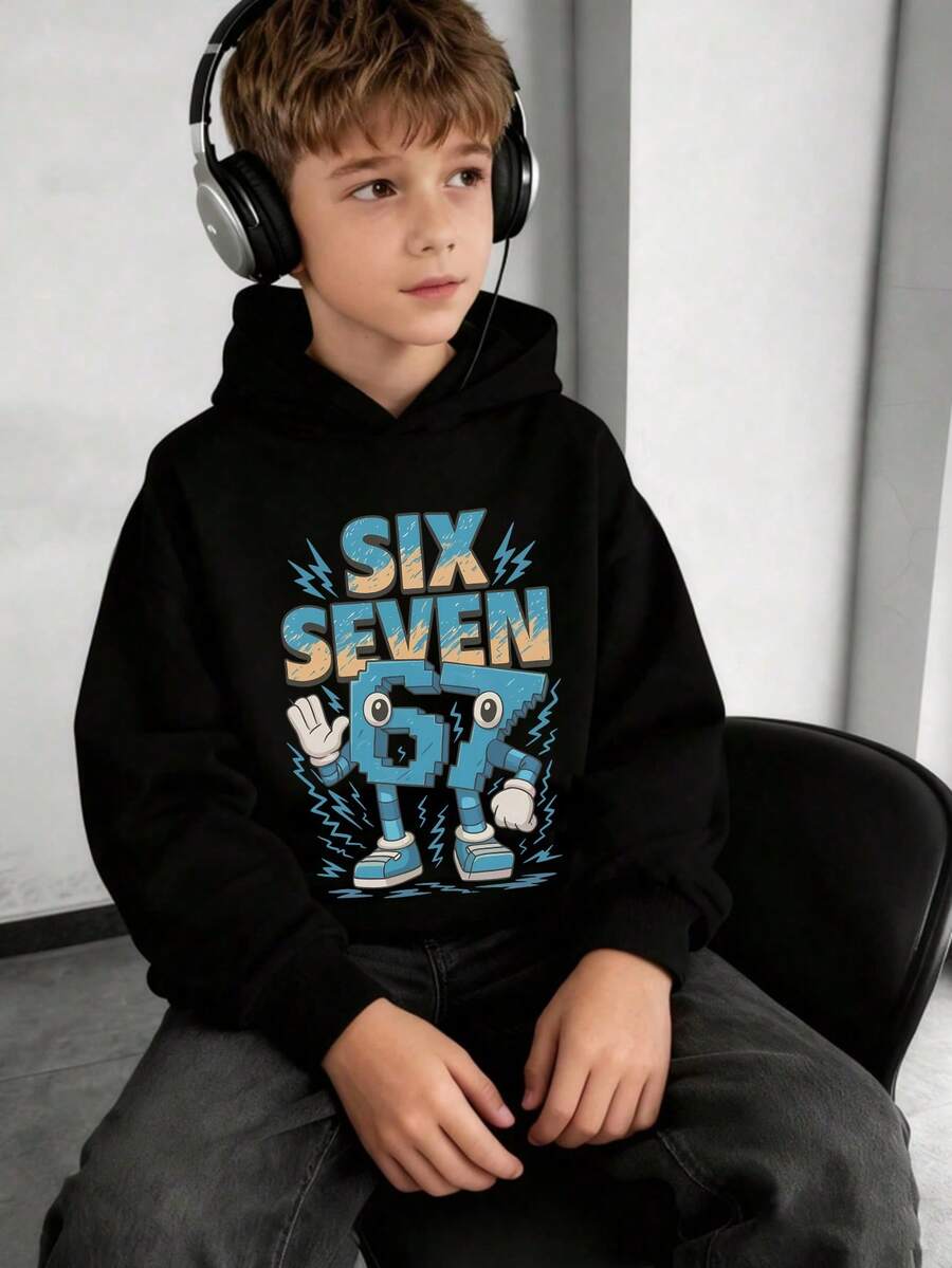 Tween Boy Numeric & English Print Warm Thermal Lined Pullover Sweatshirt Sweatshirt, Autumn/Winter - Black - View 1