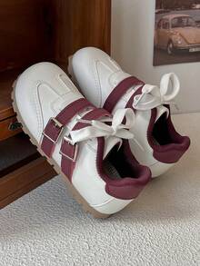 1 Pair Casual & Fashionable Children's Sports Shoes, PU Leather Patchwork Upper, Soft & Comfortable, Lightweight, Convenient Hook And Loop Closure, Contrast Color Design, Simple & Versatile, Suitable For All Seasons