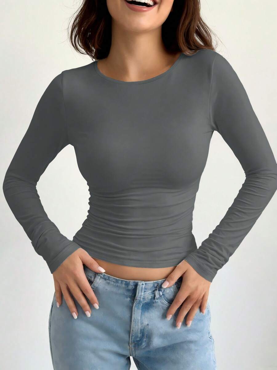 Women's Casual Slim Fit Round Neck Long Sleeve T-Shirt - Grey - View 1