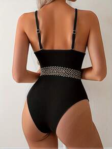 Women's One-Piece Black Thin Strap High Waist Slimming Simple Elegant Triangle Bikini Swimsuit For Beach Vacation - màu đen - Xem 2