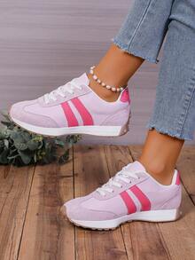 Tênis Casuais Femininos, Sola Grossa Versátil Calçado Estudantil Antiderrapante para Corrida, Tênis Brancos com Cadarço - Rosa chiclete - Visão 4