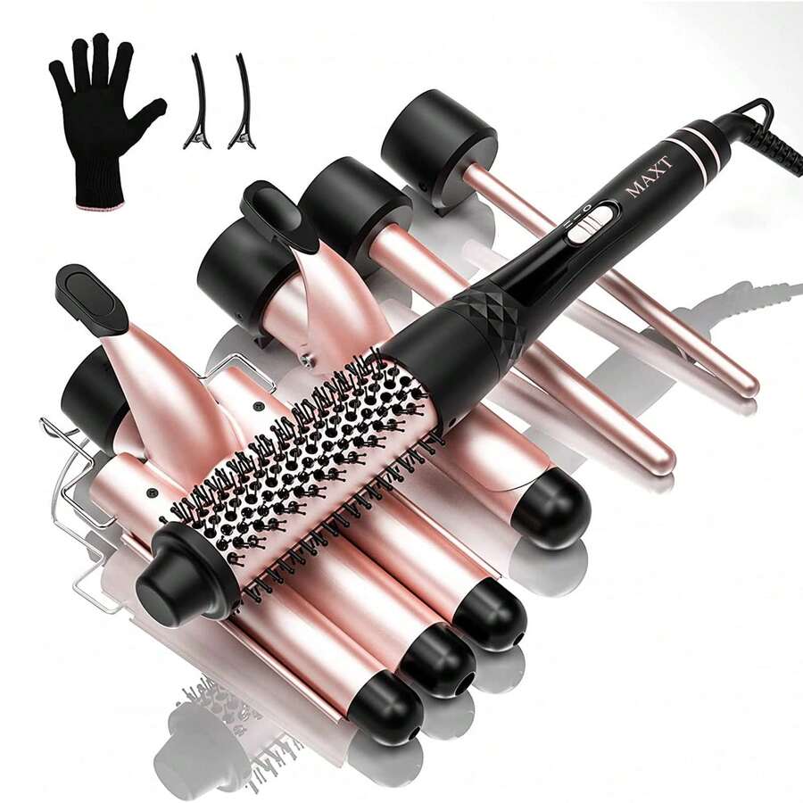 MAX-T Curling Iron Set 5 In 1,Curling Iron Set With Thermal Brush&4 Interchangeable Ceramic (0.35"-1.25"), PTC Quick Heating Temperature Control And Protective Gloves,Curling Wand With 3 Barrels And Multifunctional Curling Brush - 查看 1