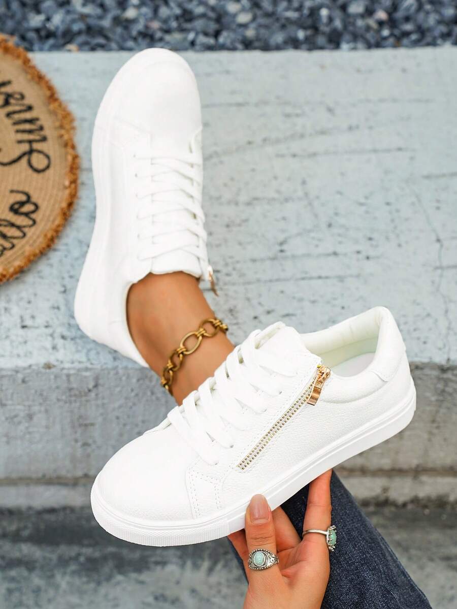 1 par de zapatos deportivos casuales para mujer de primavera/verano/otoño, con cordones clásicos, cómodos y delgados, de puntera redonda, en colores de patchwork, con cremallera lateral blanca para exteriores, y zapatillas deportivas versátiles de exterior para skateboard en color plateado - Blanco - Ver 1