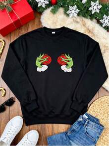 Sudadera para Mujer con Estampado de Manos Verdes y Globos Rojos de San Valentín, Sudadera de Cuello Redondo, Ideal para Fiestas de San Valentín, Regalo para Ella, Estilo Retro, Confortable y Suave, Adecuada para Uso Cotidiano y Eventos Festivos - Negro - Ver 3