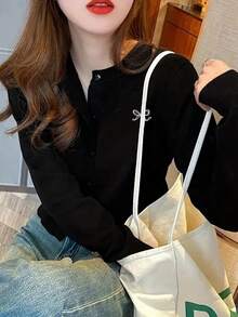 Women's Solid Color Round Neck Loose Embroidered Front Button Casual Cardigan, Autumn/Winter - Black - View 5