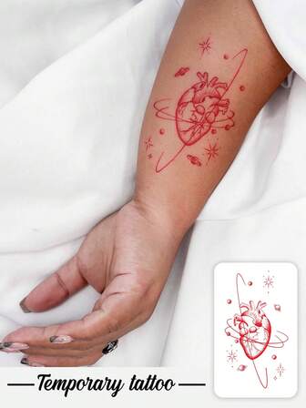 1 Valentine's Day Temporary Tattoo Sticker, Y2K Style Artistic Red Universe Planet Heart Pattern, Waterproof And Sweatproof, Washable, Non-Reflective, Simulated Tattoo On Arm And Shoulder, Suitable For Fashionable People, Lasting 3-5 Days