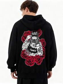 Men's Hoodie - Bold Graffiti-Style Print With Rose Motifs And "RIP" Text - Streetwear Fashion For Urban Adventures, Casual Hangouts, And  Events - Canadian Men's Apparel Long - Black - View 12